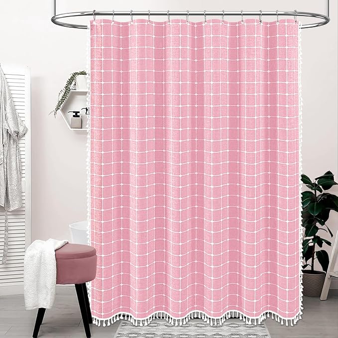 72x78 Boho Farmhouse Linen Heavy Duty Fabric Shower Curtain Set, Pink | Long Size, 330GSM Linen Blend, 3-side Tassels, Water Repellent Cloth, 12 Plastic Hooks, Rustic Bohemian, Machine Washable