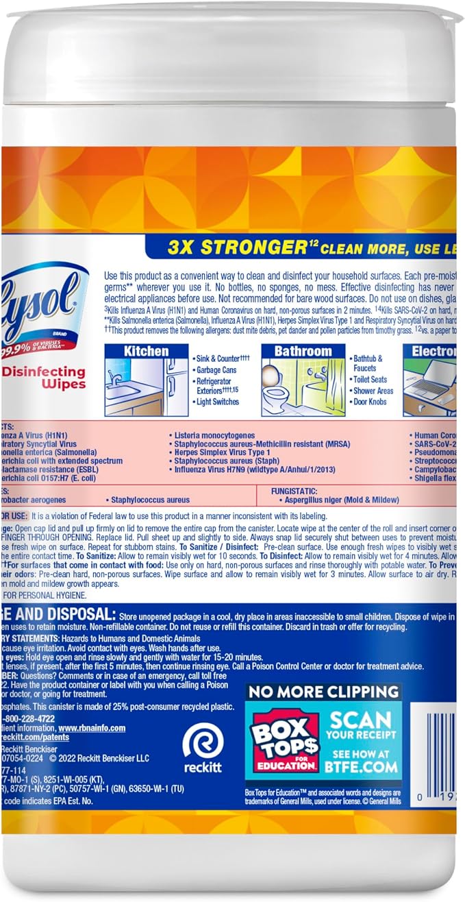 Lysol Disinfecting Wipes, Multi-Surface Cleaner, Mango, 80 ct. | All Purpose Cleaner, Sanitizing, Deodorizing, Apartment Essentials, Back To School Cleaning Supplies, Kitchen & Bathroom Wipe