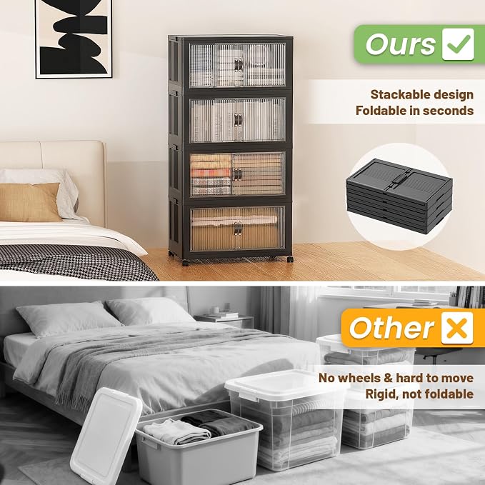 SAILUN 260Qt Stackable Storage Bins,Storage Cabinet with a Lid,4 Pack Black | Stackable Storage Drawers with Lids,22" W x 13" D x 50" H,Featuring open-front Access for Clothes and Closet Storage