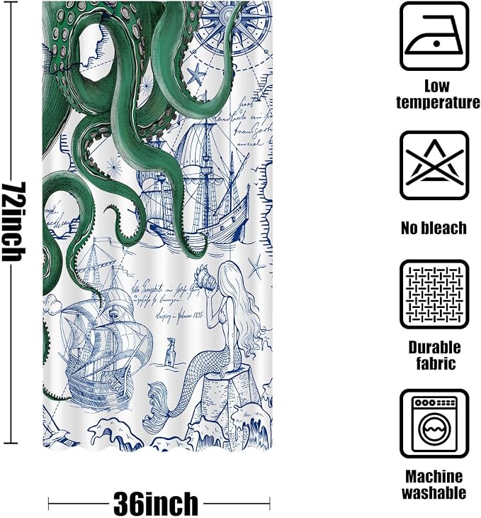Fungarth Stall Green Nautical Octopus Shower Curtain Navy Blue Mermaid Funny Ocean Kraken Shower Curtains for Bathroom Cool Anchor Coastal Map Waterproof Fabric Bath Curtain Decor (Green, 36” x 72”)