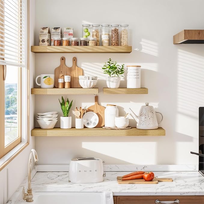 Vivelove Floating Shelves 9 inch Deep 32”Long Set of 2, Oak | Easy Install With Hardware, 1.5" Thick, Invisible Brackets, Wall Mounted, No Sagging, For Any Room