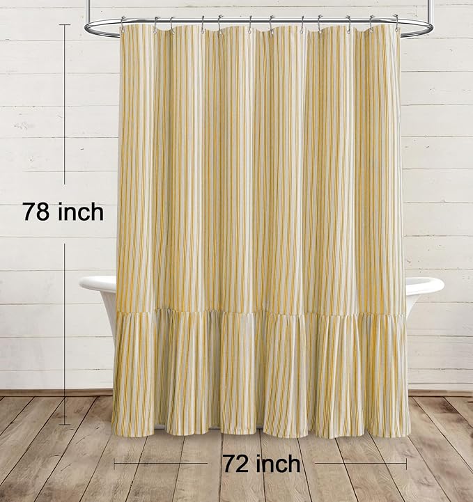 Farmhouse Shower Curtain Ruffle Linen Cream-Yellow Stripe 72"W x 78"L | Farmhouse Boho, Striped, Bottom Ruffle, Linen Fabric, Rustic, Country, Natural Look, Washable, for Bathroom Bathtub