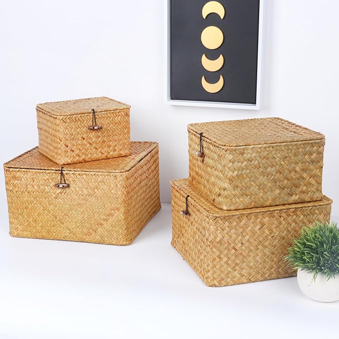 Moosky Wicker Shelf Baskets with Lid, Handwoven Seagrass Storage Basket Bins Square Gift Boxes for Shelves Home Decor Organizer (Natural, Large)