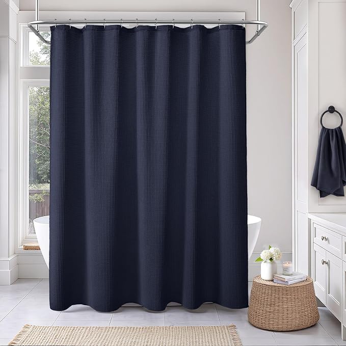 Long Waffle Shower Curtain Heavyweight Cotton Fabric Navy Blue 72Wx84L | Soft Cotton Cloth,3D Square Truely Waffle,Washable, Hotel Luxury Spa, Shower Curtains for Narrow Bathroom 12 Plastic Hooks