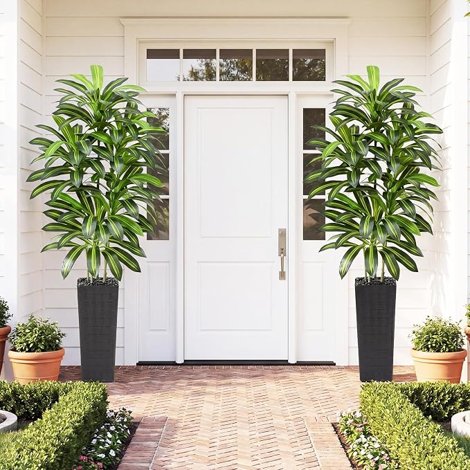 Artificial Dracaena Tree Indoor, 7FT Tall Fake Floor Plants with Black Planter & Pebbles, Faux Silk Yucca Tree for Home Office Living Room Bedroom Farmhouse Modern Outdoor Topiary Tree