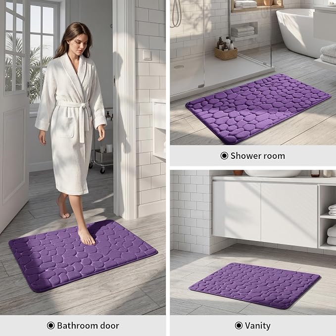 Memory Foam Runner Rug, Cobblestone Bathroom Runner Rugs Super Water Absorbent Bath Mats for Bathroom Machine Washable Bath Rugs for Hallway Bedroom Laundry Room(24 x 47,Eggplant)