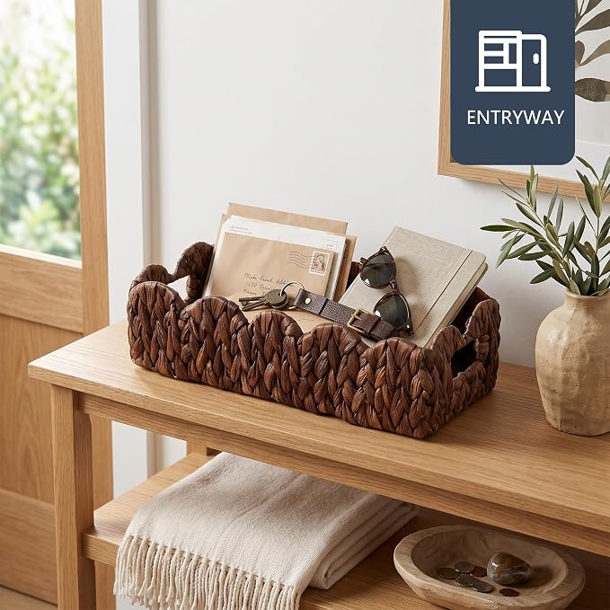 Toilet Tank Basket for Bathroom,Scalloped Edge Wicker Basket for Toilet Paper Storage,Small Baskets for Countertop,Shelves,Living Room,Bedroom,Bath Organizer&Decor,Water Hyacinth,Brown