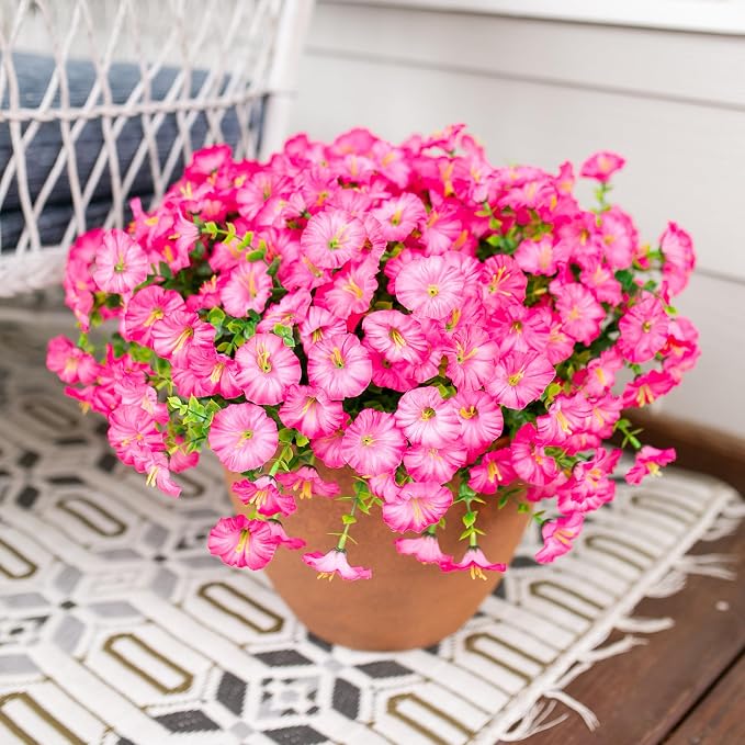 Artificial Flowers for Outdoors Fake Plants Outside Decoration, 12 Bundles Silk Pink Morning Glory with Eucalyptus UV Resistant Look Real Faux Flowers for Planter Front Door Yard Gardens Home