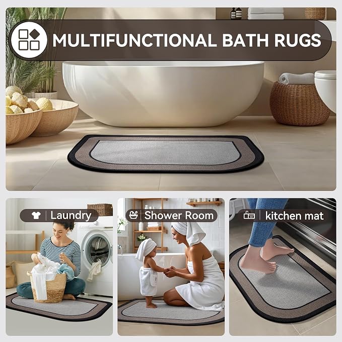 Half Circle Bath Mat, Thin Bathroom Rugs Fit Under Door, Grey 20x31 | Non Slip, Quick Dry Absorbent, Rubber Backing Washable, Semi Circle Bathmat for Bathroom Floor, Tub and Shower, Home Decor