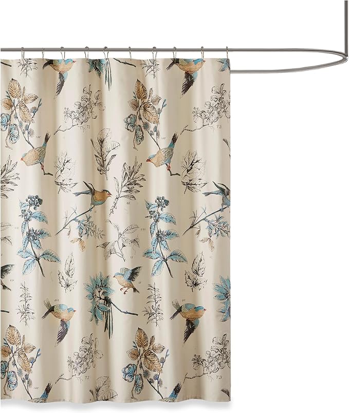 Madison Park Farmhouse Cotton Shower Curtain, 72"x72", Khaki | Bird & Leaf Print, Shower Curtains for Bathroom, Modern Country Bathroom Décor, Machine Washable