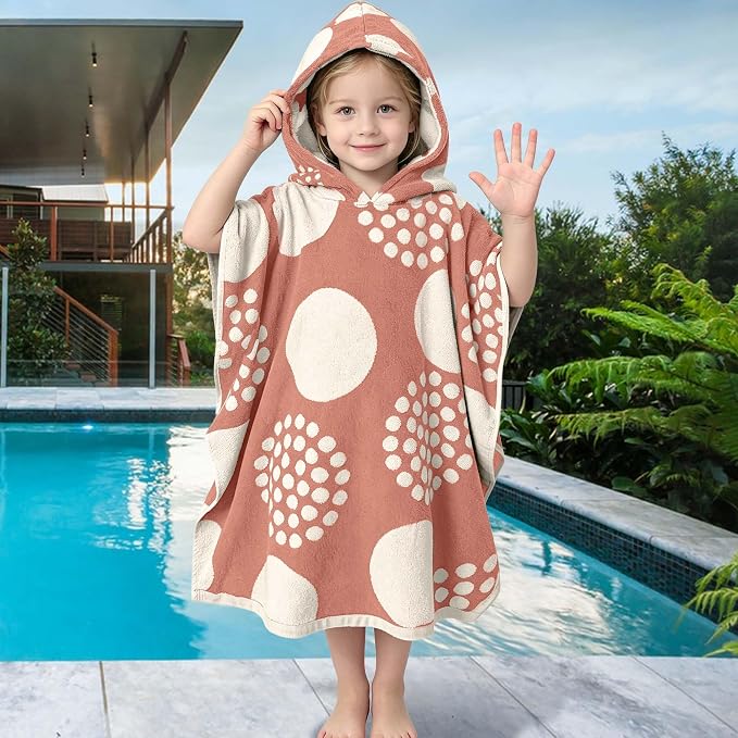 VOOVA & MOVAS Kids Hooded Poncho Towel, 4-8 Years, 100% Cotton, Red Dot | Exquisite Dot Jacquard Weave, Smooth Fabric, Soft, Absorbent & Quick Dry, Suitable for Bathing and Seaside