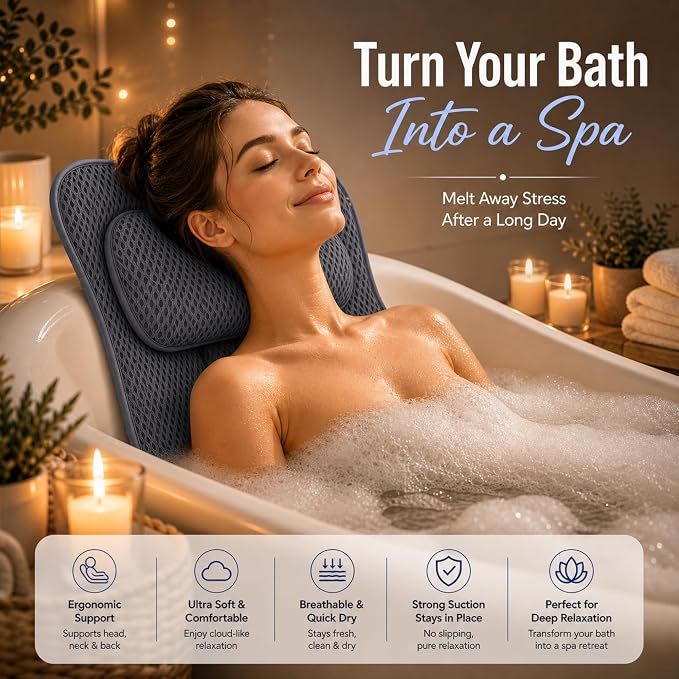 Bath Tub Pillow, Extra Thick Luxury Cushion with Strong Suction Cups for Head, Neck & Back Support, Breathable Spa Pillow for Relaxing Night Bath (Black)