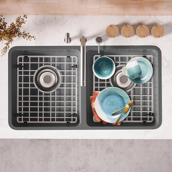 SANNO Sink Protector for Kitchen Sink, Grid Sink Protector Kitchen Sink Rack for Bottom of Sink,Rear Drain for Single Bowl13 L X 15" W, Stainless Steel,2pcs