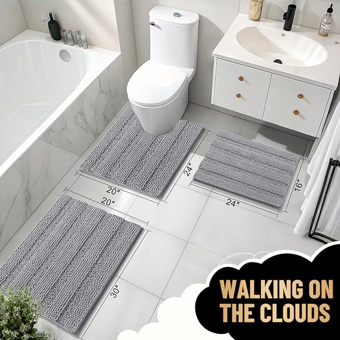 OLANLY Thick Large Bathroom Rugs 40x32, Soft Chenille Bath Rugs, Grey | Absorbent Striped, Rubber Backing, Machine Wash Dry, Bath Mats for Bathroom Floor, Tub and Shower, Home Decor Accessories