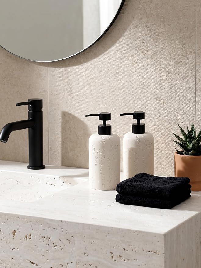 2 PCS Hand Soap Dispenser Set, 13.53 OZ, Cream, Faux Travertine | Luxurious,Dish Soap,Lotion,Shampoo and Conditioner Dispenser,Refillable,Rustproof Pump,For Bathroom Countertop Kitchen