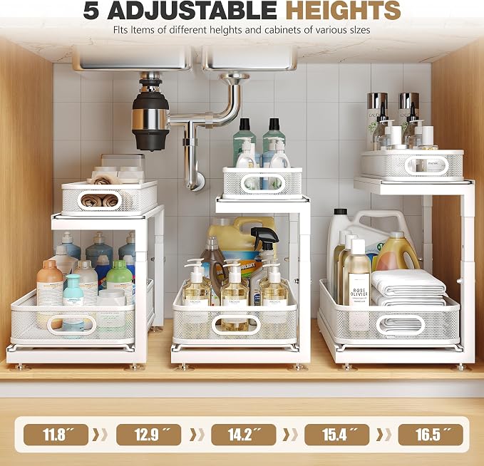 2-Pack Under Sink Storage Organizer with 2-Tier Slide Out Drawer, Sophisticated Mesh Pull Out Shelf for Kitchen & Bathroom, Fits Small Items, Upgraded Arched Track for Smooth Gliding(Patented)