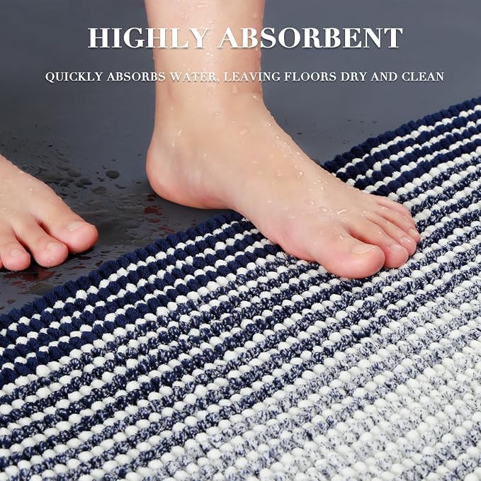 Bathroom Rugs and Mats Sets, 2 Piece Thick Absorbent Chenille Non Slip Soft Shaggy Floor Mats Machine Washable (20" x 47" Plus 16" x 24", Navy)