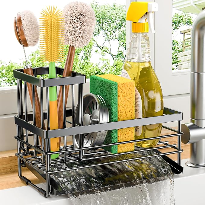 Cisily Sink Caddy Sponge Holder for Kitchen with Brush Holder and Stainless Steel Self Drain Tray, Rustproof Kitchen Sink Organizer for Sponge, Soap Dispenser Storage Accessories