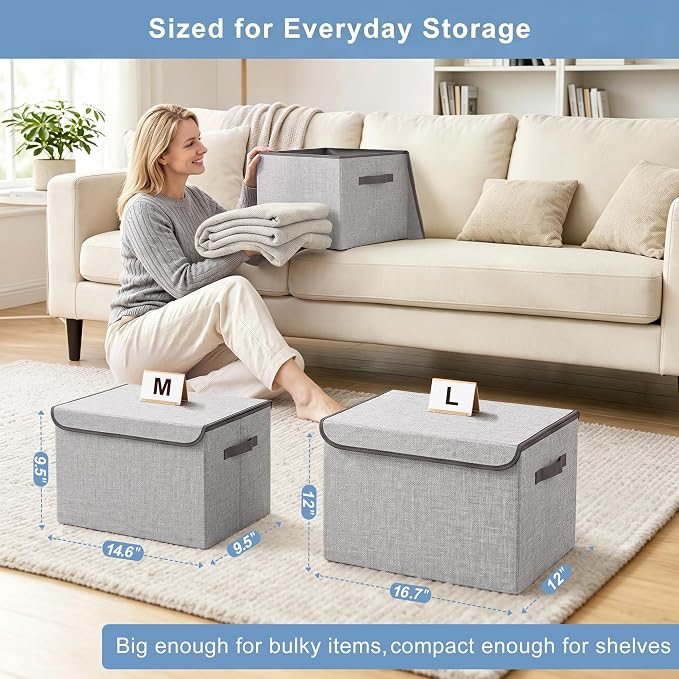 Linen Fabric Foldable Storage Cube Bin Organizer Basket with Flip-Top Lid & Handles, Large Clothes Blanket Box for Home, Office, Closet, Light Gray, 4 Pack 14.6 x 9.5 x 9.5”