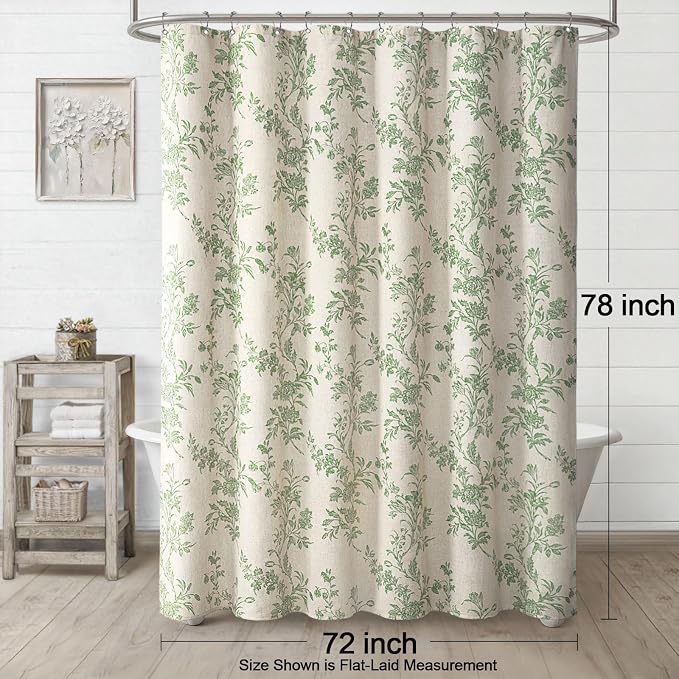 Sage Green Floral Shower Curtain,Vintage Linen Beige Cottagecore Shower Curtains for Bathroom, 72" W x 78" L