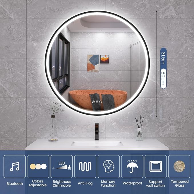 STARLEAD 32" Black Frameless Round LED Bathroom Mirror with Bluetooth Speaker, Dimmable Lighting, 3 Color Modes, Anti-Fog, Touch Control Wall Mounted Vanity Mirror