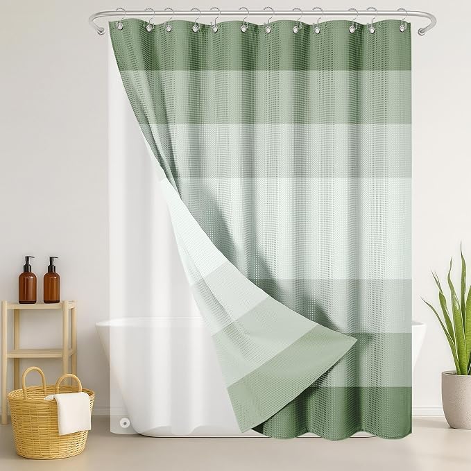 3 in 1 Shower Curtain and Liner,72 x 72 inch, Ombre Green | Striped Shower Curtain and PEVA Liner Set with 12 Rust-Resistant Metal Hooks, Waterproof Fabric Curtains for Bathroom