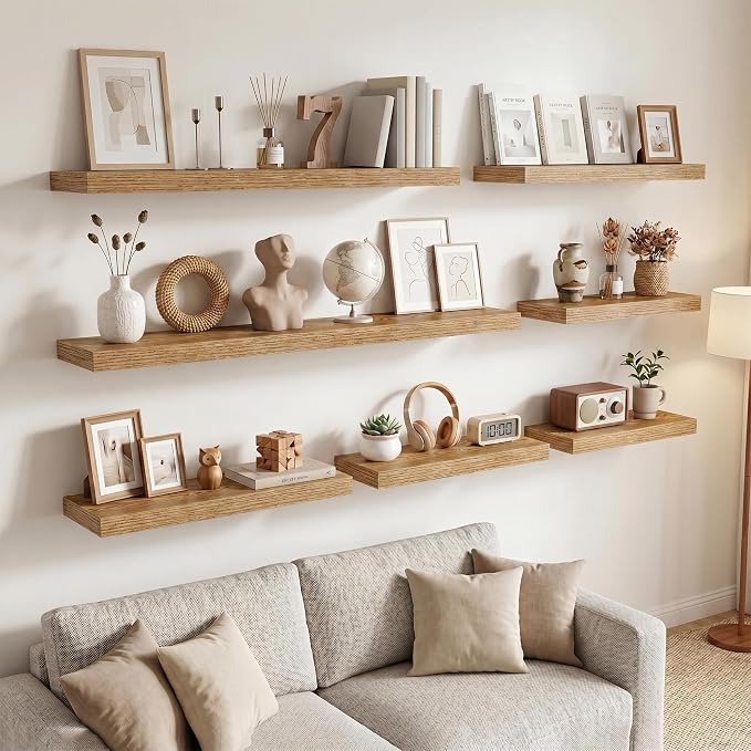 9.25in Depth 32in Floating Shelves, 32x9.25x1.4, Light Brown, Set of 2 | Wall Mounted Engineered Wood Shelves, Invisible Brackets for Living Room, Bedroom, Bathroom, Kitchen Decor and Storage