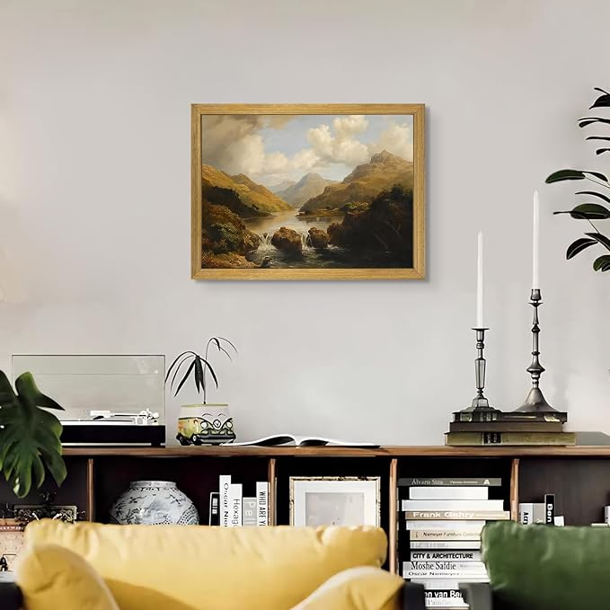Framed Vintage Landscape Wall Art Home Decor, Retro Mountain Vintage Painting Prints, Countryside Farmhouse Landscape Wall Decor, Canvas Wall Art for Living Room Bedroom Home Bathroom Decor 12x16 Inch