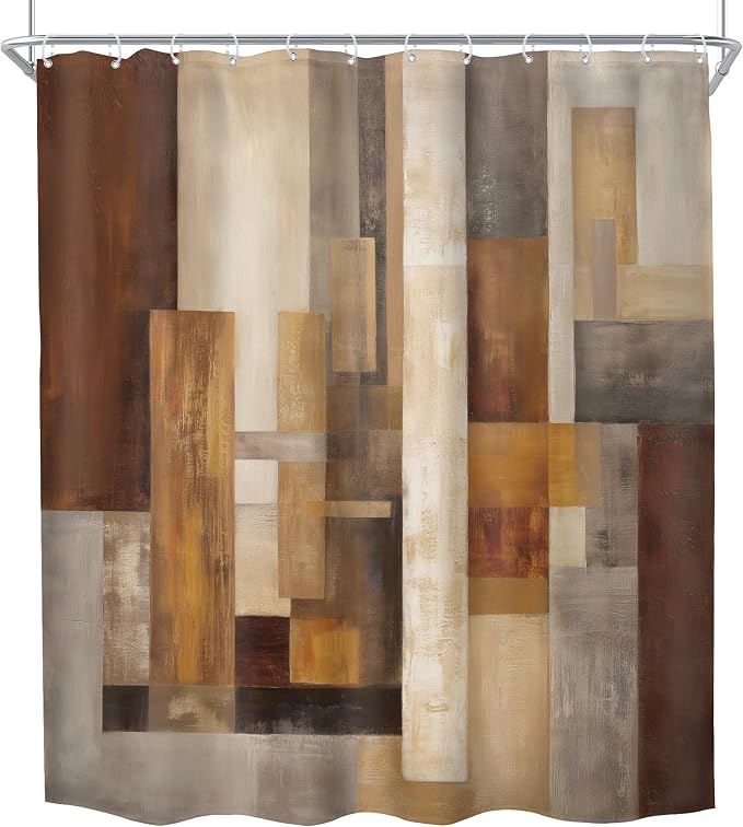 Extra Long Brown Abstract Wood Block Geometric Bathroom Shower Curtain Set | 72Wx84H Rust Farm design, waterproof HD print with fast-drying fabric and 12 hooks.