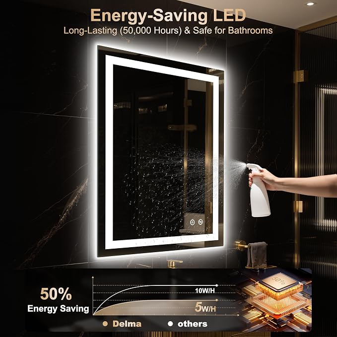 LED Mirror for Bathroom 32x24 Inch, Dimmable Front & Backlit Vanity Mirror with Anti-Fog, 3 Color Modes, Memory Function, Shatterproof Tempered Glass, Horizontal or Vertical Mount