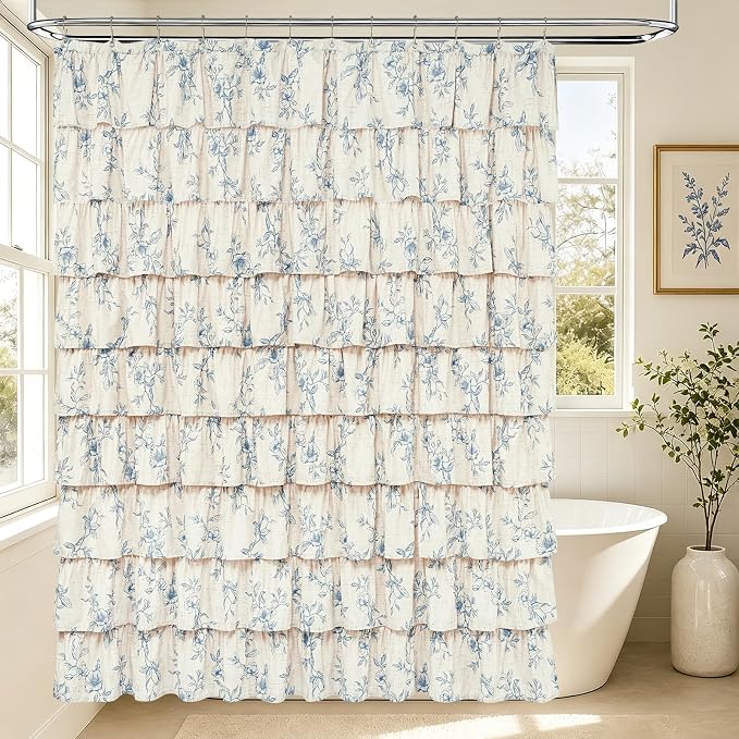 Yinhua Farmhouse Ruffle Shower Curtains with Blue Floral, 72" Wx72 L | French Country Vintage Rustic Washable Waterproof Shower Curtain for Bathroom Bathtub, 12 Metal Hooks