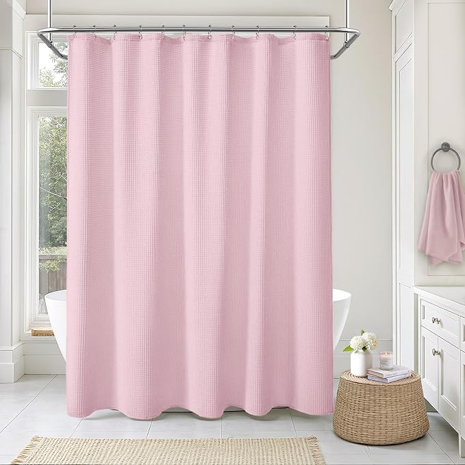 Waffle Weave Shower Curtain Heavyweight Cotton Fabric Light Pink 72Wx72L | Soft Cotton Cloth,3D Square Truely Waffle Washable, Hotel Luxury Spa, Shower Curtain Set for Bathroom 12 Plastic Hooks