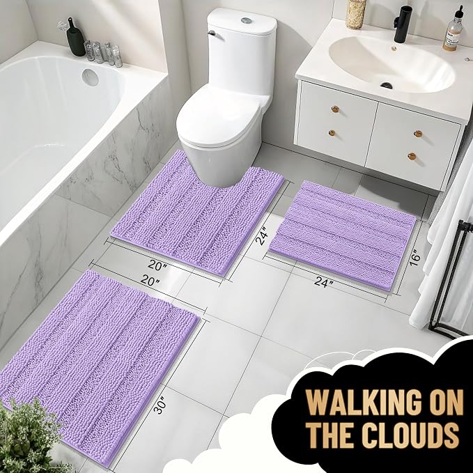 OLANLY Thick Small Bathroom Rugs 24x16, Soft Chenille Bath Rugs, Lavender | Rubber Backing, Machine Wash, Extra Absorbent Striped Bath Mats for Bathroom Floor, Tub and Shower, Home Decor Accessories