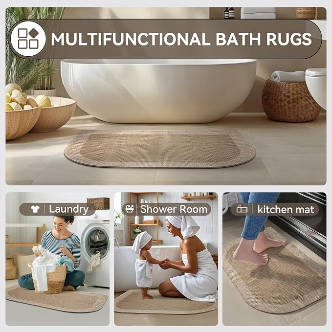 Half Circle Bath Mat, Thin Bathroom Rugs Fit Under Door, Brown 20x31 | Non Slip, Quick Dry Absorbent, Rubber Backing Washable, Semi Circle Bathmat for Bathroom Floor, Tub and Shower, Home Decor
