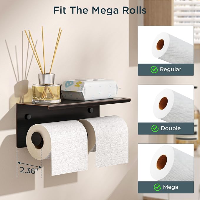 FORIOUS Toilet Paper Holder with Shelf, Commercial Toilet Paper Dispensers | Oil Rubbed Bronze | Wall Mount Bathroom Tissue Holder | SUS304 Stainless Steel Rustproof | Double Tissue Roll Holder