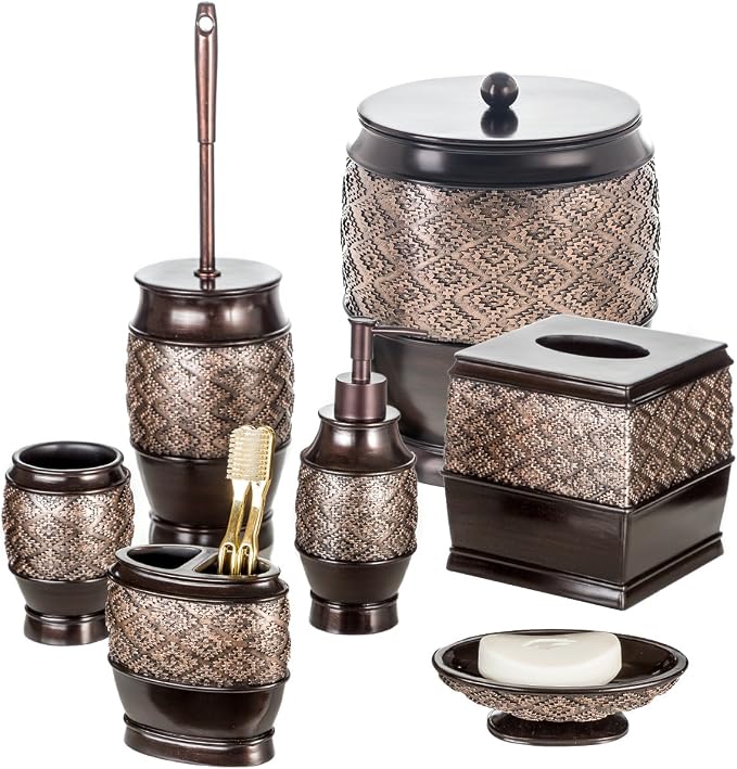 Creative Scents Dublin Brown Small Bathroom Trash Can with Lid - 1.3 Gal / 4.8L Decorative Oval Waste Basket - Durable Resin Garbage Can for Bathroom, Bedroom, Office Decor - Mini Wastebasket Bin