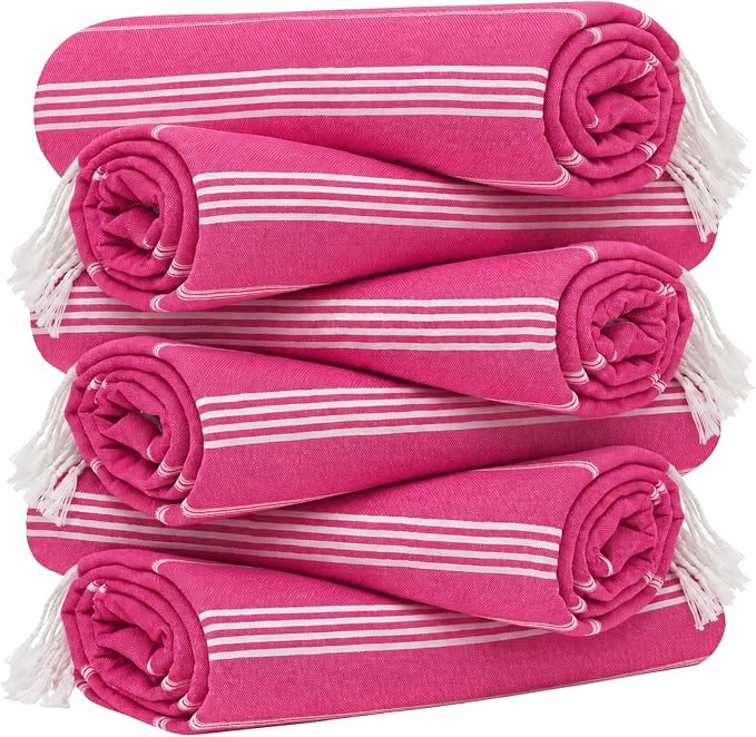 Turkish Beach Towel Set of 6 Oversized 72x40 100% Turkish Cotton | Soft Hammam Peshtemal, Sand Free, Quick-Dry, Absorbent Bath Towel, Lightweight & Compact for Travel, Pool, Gym, Spa - Fuchsia