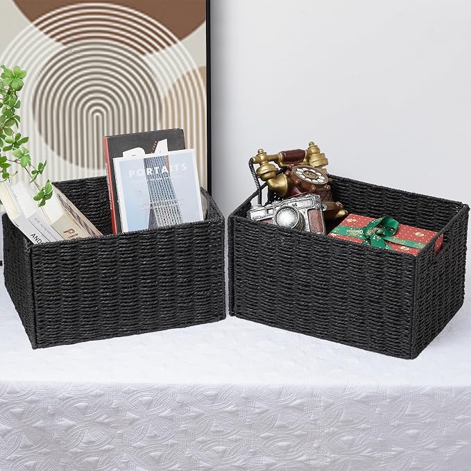 Wicker Storage Basket, Set of 2 Hand-Woven Paper Rope Wicker Basket, Small Storage Baskets for Organizing Toilet Paper Basket, Foldable Large Cube Storage Organizer Bins for Shelves (Black)