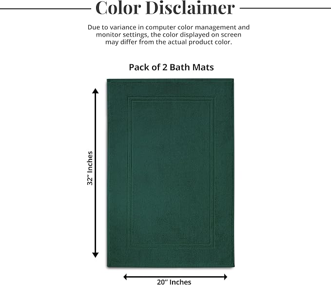 2 Piece Bath Mats 20 x 32 Inches, Hunter Green | 100% Cotton Terry Bath Mats, Super Absorbent, Hotel Quality Premium Floor Towels, Luxurious, Soft & Quick Dry