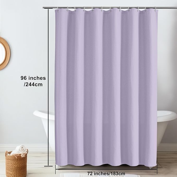 Extra Long Shower Curtain Set- 96 Inch Long Waffle Weave Heavy Duty Fabric Shower Curtains for Bathroom, Luxury Heavy Duty Thick Cloth Shower Curtain with 12 Plastic Hooks, 72Wx96L, Lavender
