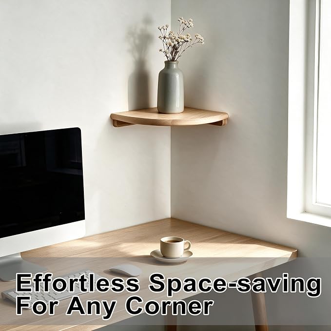 Solid Wood Floating Corner Shelf, 7.1 in Wall Mount Round End | Built-in wire hole, holds small decor, plants & speakers; ideal for bedroom, kitchen, living room