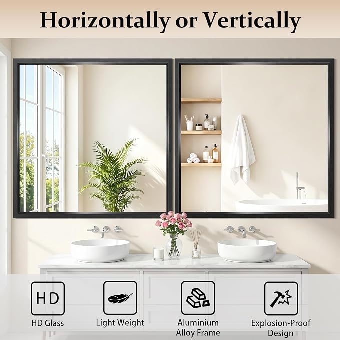 COFENY Bathroom Mirror, 36x36 Brushed Black Square Mirrors, Thickened Deep Metal Frame Bathroom Vanity Mirrors for Over Sink, Bedroom, Entryway, HD Tempered Glass, Horizontally or Vertically