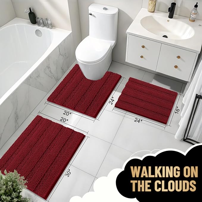 OLANLY Thick Small Bathroom Rugs 24x16, Soft Chenille Bath Rugs, Red | Rubber Backing, Machine Wash, Extra Absorbent Striped Bath Mats for Bathroom Floor, Tub and Shower, Home Decor Accessories