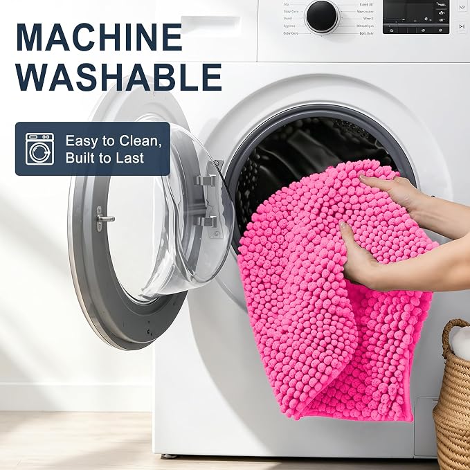 Smiry Thick Chenille Bathroom Rugs 30x20, Soft Absorbent Bath Mat, Hot Pink | Quick‑Dry & Machine Washable, Non‑Slip Bath Carpet, Striped Bath Rugs for Tub & Shower, Modern Home Decor Accessories