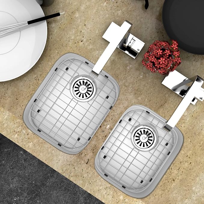 Sink Protectors for Kitchen Sink, Sink Grids 13" x 16" Big Kitchen Sink Grate, 11 1/4” x 14 1/2” Small Kitchen Sink Grid with Rear Drain for Single Sink Bowl, Sink Bottom Grid, 2 Pack