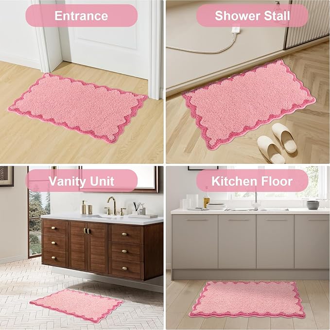 ORTIGIA Small Pink Scalloped Bath Mat, Cute Plush Microfiber Scallop Bathroom Rugs Non Slip Washable Quick Dry Absorbent, Bathmat Carpet for Shower Stall Vanities Kitchen Floor Entrance, 17x24
