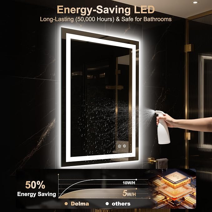 LED Mirror for Bathroom 36x24 Inch, Dimmable Front & Backlit Vanity Mirror with Anti-Fog, 3 Color Modes, Memory Function, Shatterproof Tempered Glass, Horizontal or Vertical Mount
