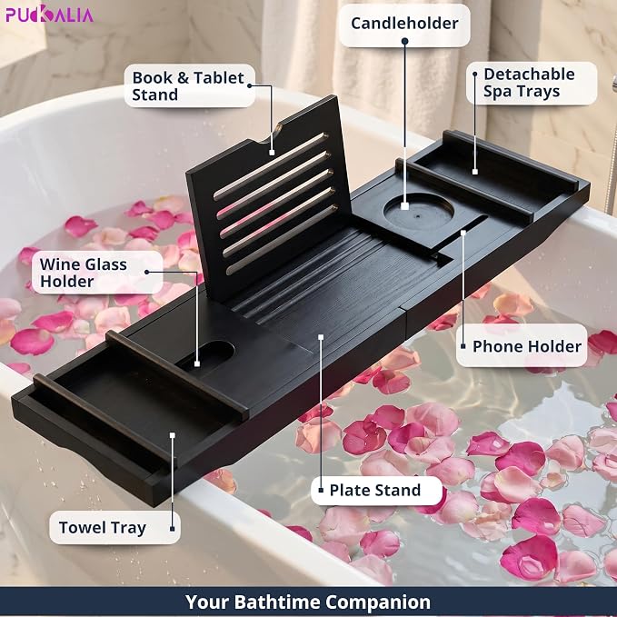 Bath Tray for Tub and Ergonomic Pillow Premium - Caddy Expandable 29 to 42.5 Inch -Foldable Bamboo Wood Tub Organizer - Luxury Bathtub Tray Wood Bamboo