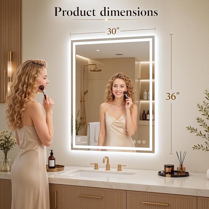 LED Bathroom Mirror, 30"x36" with Frontlit and Backlit Anti-Fog Mirror with Lights LED Vanity Mirror for Bathroom 3 Colors Temperature & Dimmable Bathroom Mirror with HD Tempered Glass