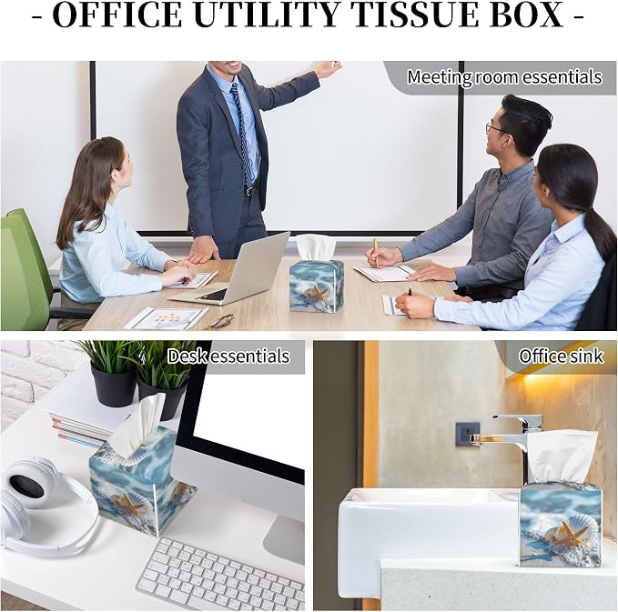 Shells Starfish on Beach Tissue Box Cover Square,Summer Ocean Shells Starfish Tissue Box Holder Waterproof Leather Facial Paper Organizer Dispenser for Bathroom Home Car Nightstand Vanity Desk